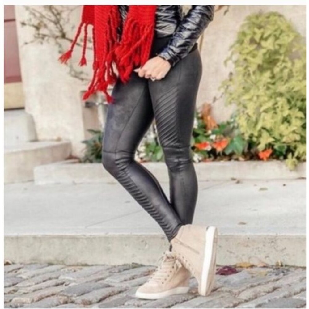 NWT SPANX Faux Leather Moto Leggings Blogger Fav Size Small Black Stretchy Biker